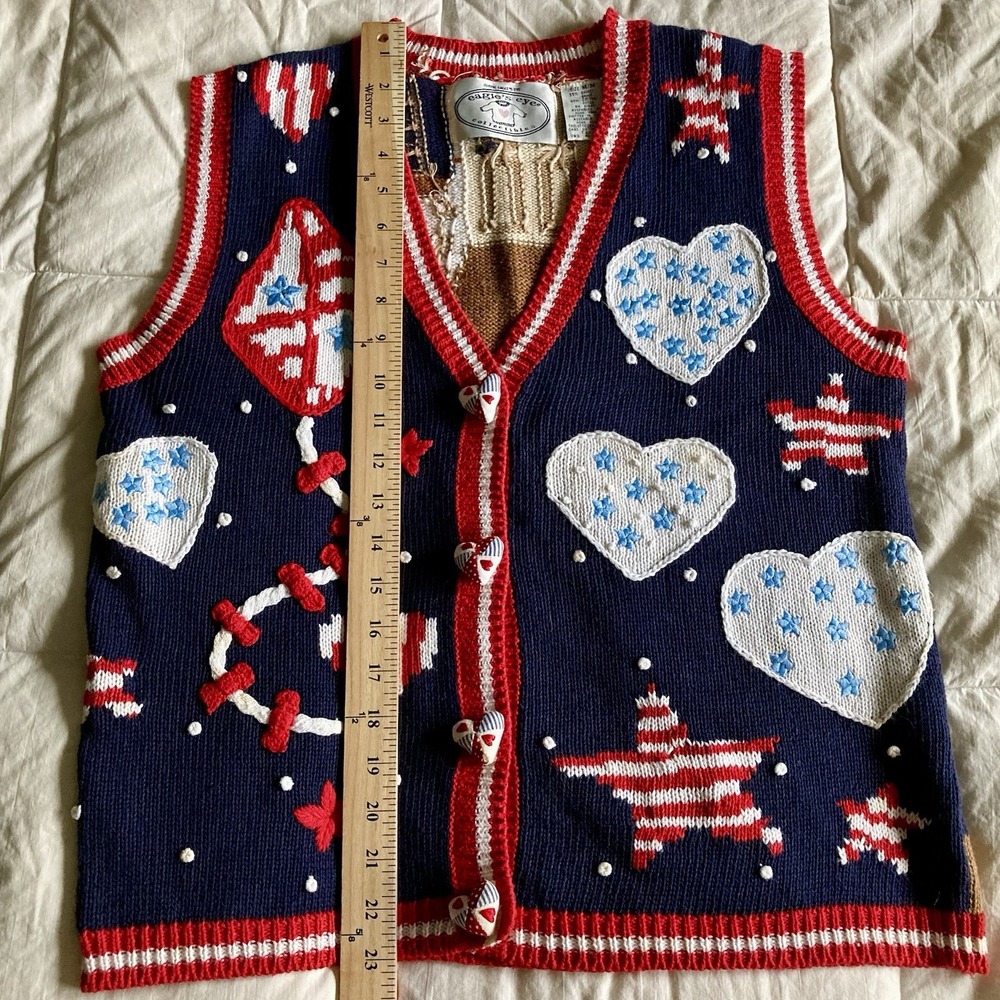 Vtg 1996 Eagles Eye Hand Knit Sweater Vest 3D Americana Marching Band USA Med - Picture 14 of 16